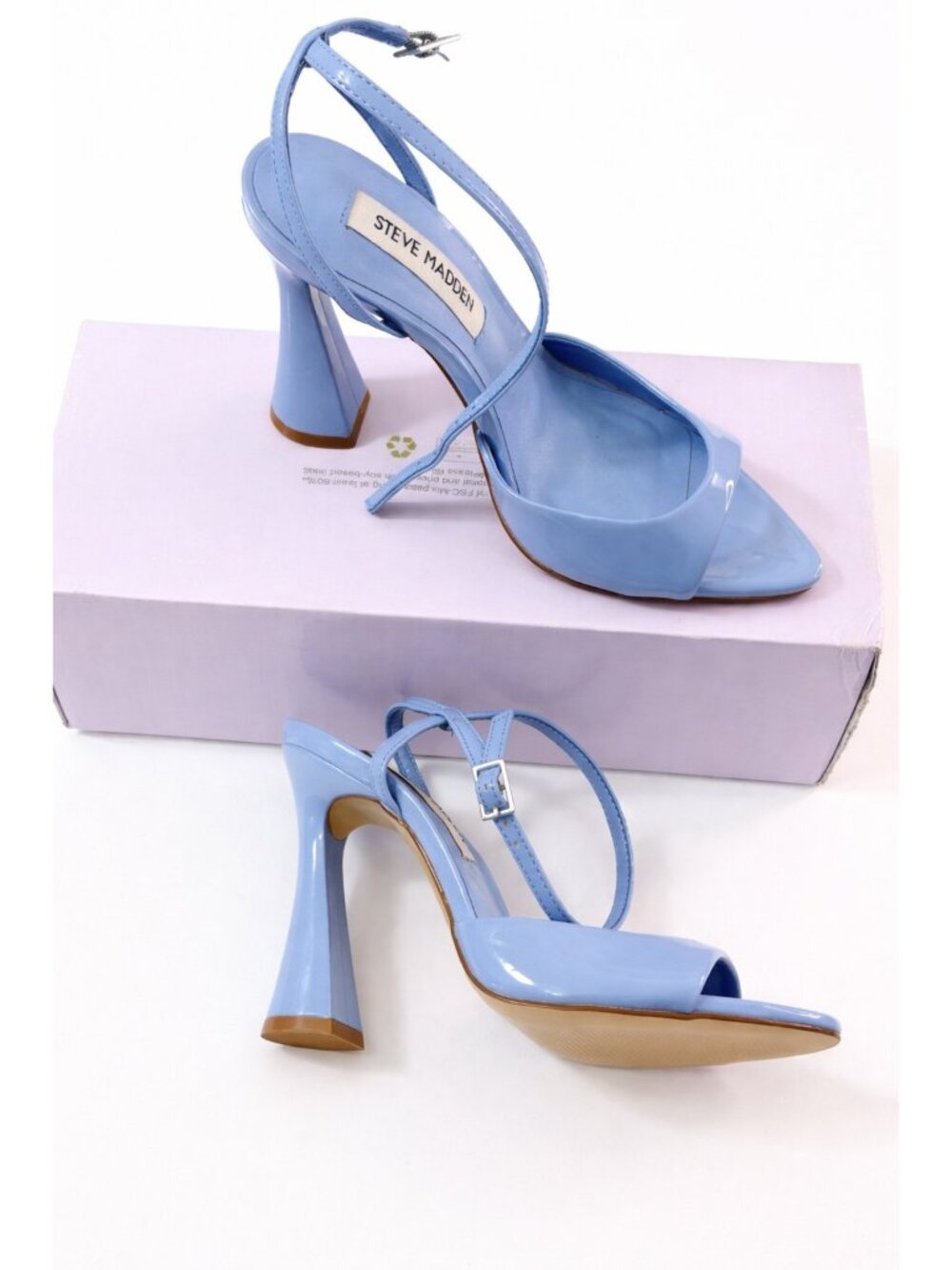 NWB Steve Madden Beki Flared High Heeled Sandals Blue Patent Size 5 - Picture 3 of 6
